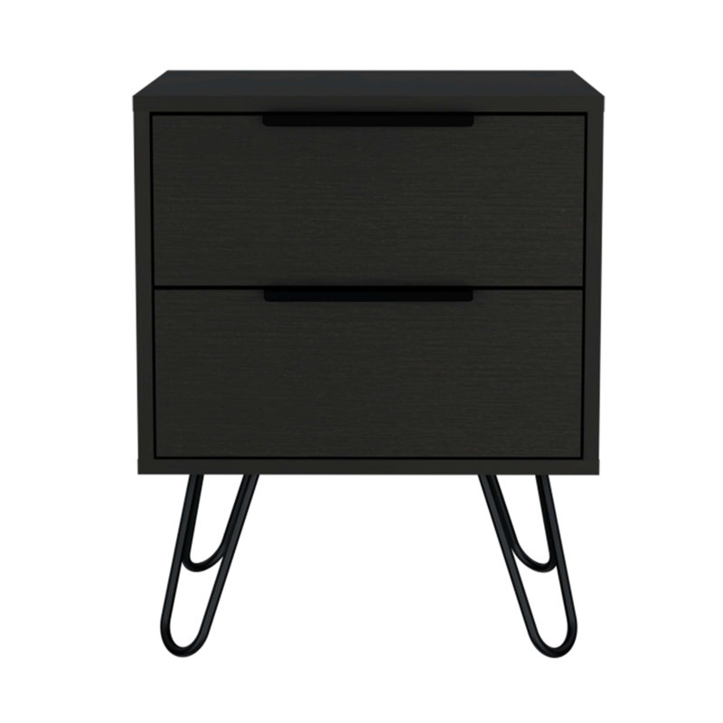 Nightstand, Hairpin Legs, Two Drawers, Black