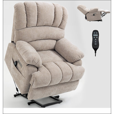 23" Seat Width and High Back Large Size Beige Chenille Power Lift Recliner Chair with 8-Point Vibration Massage and Lumbar Heating
