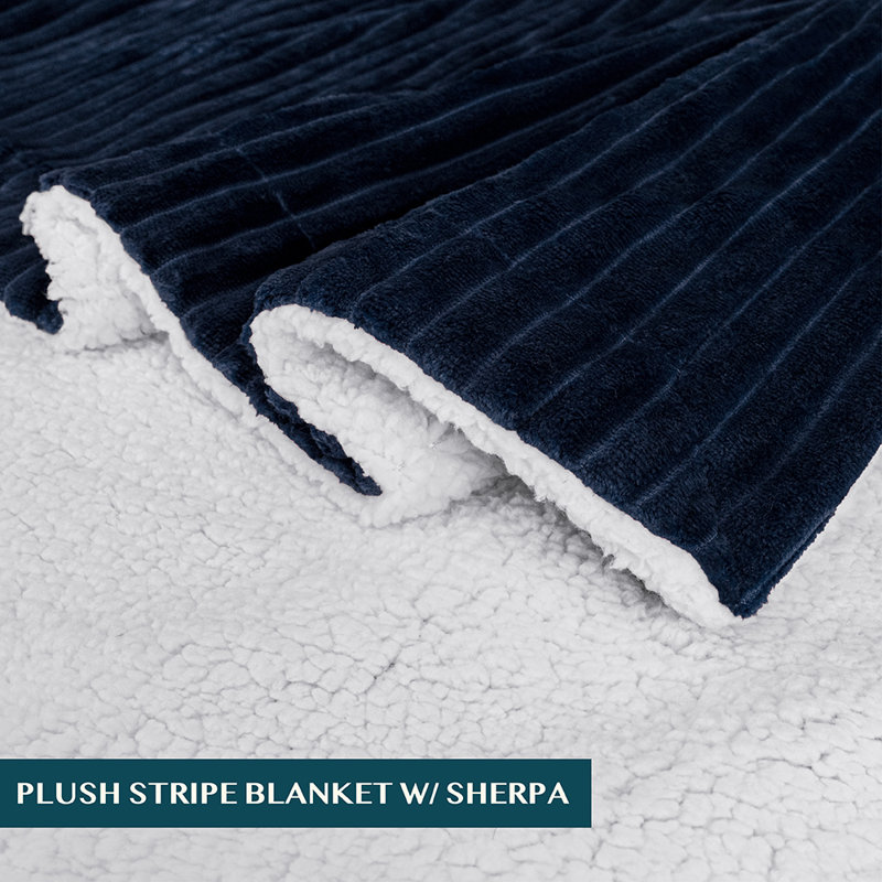 Navy Blue Reversible Sherpa Fleece Throw Blanket