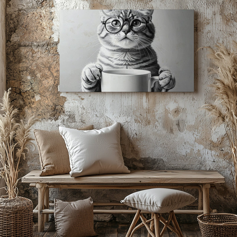 Art mural, chat tigré avec tasse, portrait de chat anthropomorphique monochrome dans une toile tranquille prête à être accrochée à la galerie
