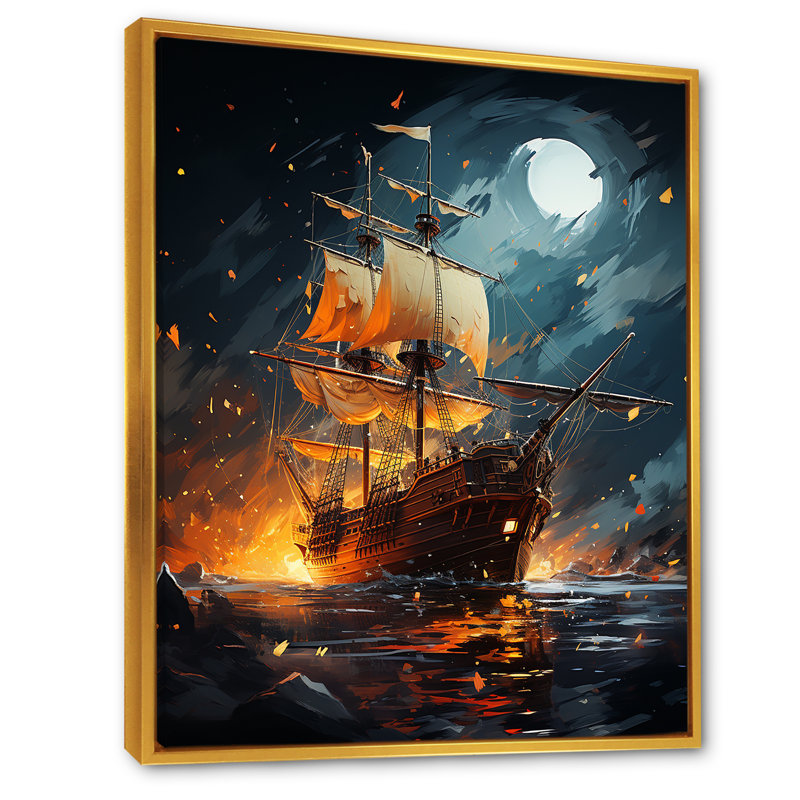 Galion bateau pirate II - bateau côtier, art mural, Cadre flottant doré, H 20 po x l 12 po x P 1 po