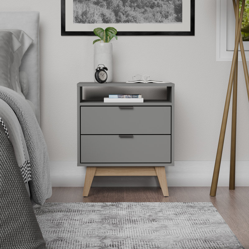 Table de chevet moderne à 2 tiroirs avec tablette ouverte Clea, Gris