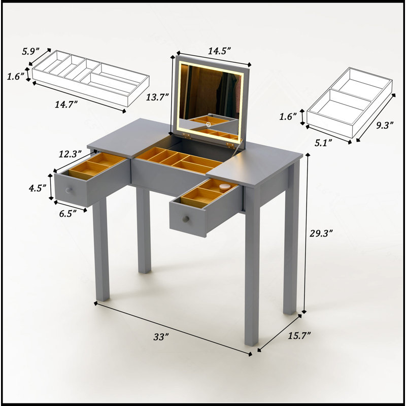 Elegant Vanity Table With LED Lights, Flip-Top Mirror And 2 Drawers, Jewelry Storage For Dressing, Gray
