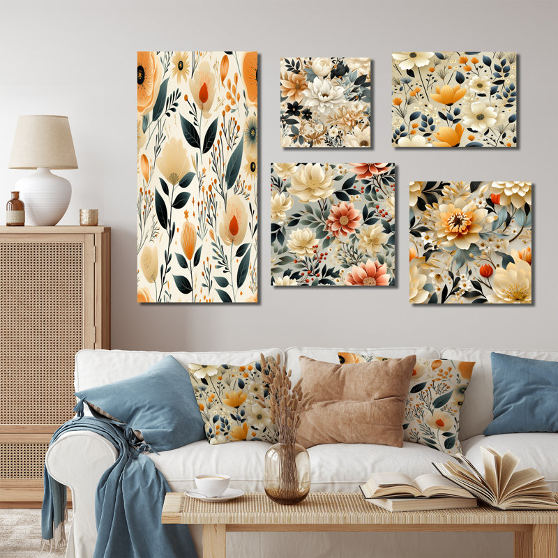 Maelle - ensemble de 5 reproductions d'art sur toile florale, Toile tendue