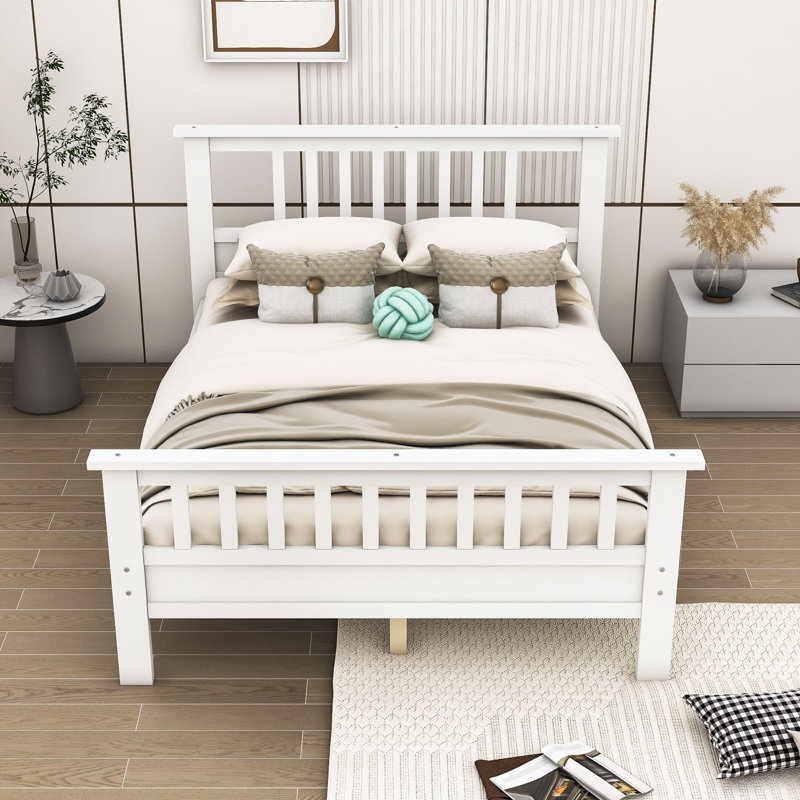 Domonick Wooden Platform Bed with Headboard, White, Full