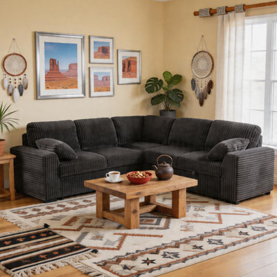 91" L-Shaped Sectional Sofa Bed, Pull Out Sleeper, 5-Seater Convertible Couch for Living Room, Dark Gray Corduroy