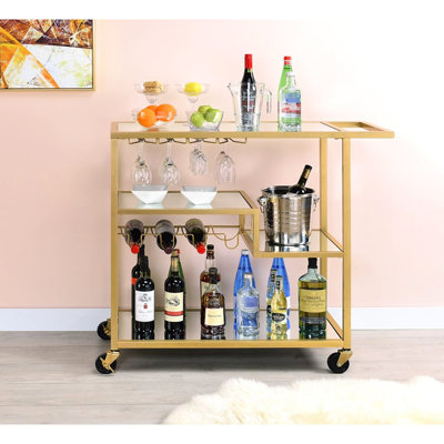 Mirrored & Champagne Serving Cart For Buffet Service, 5Mm Mirror Top Shelves, Metal Frame, Wine Bottle Stemware Rack, Caster Wheels, 3 Open Compartmen by Mercer41