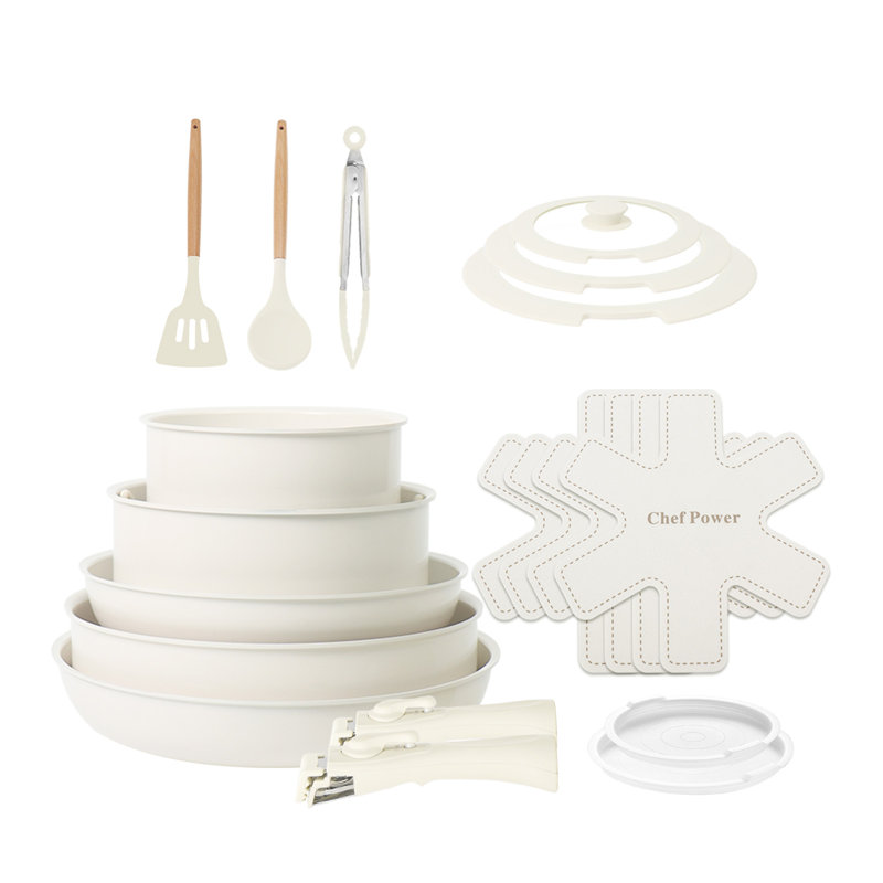 Cream White 19-Piece Ceramic Nonstick Cookware Set with Detachable Handle
