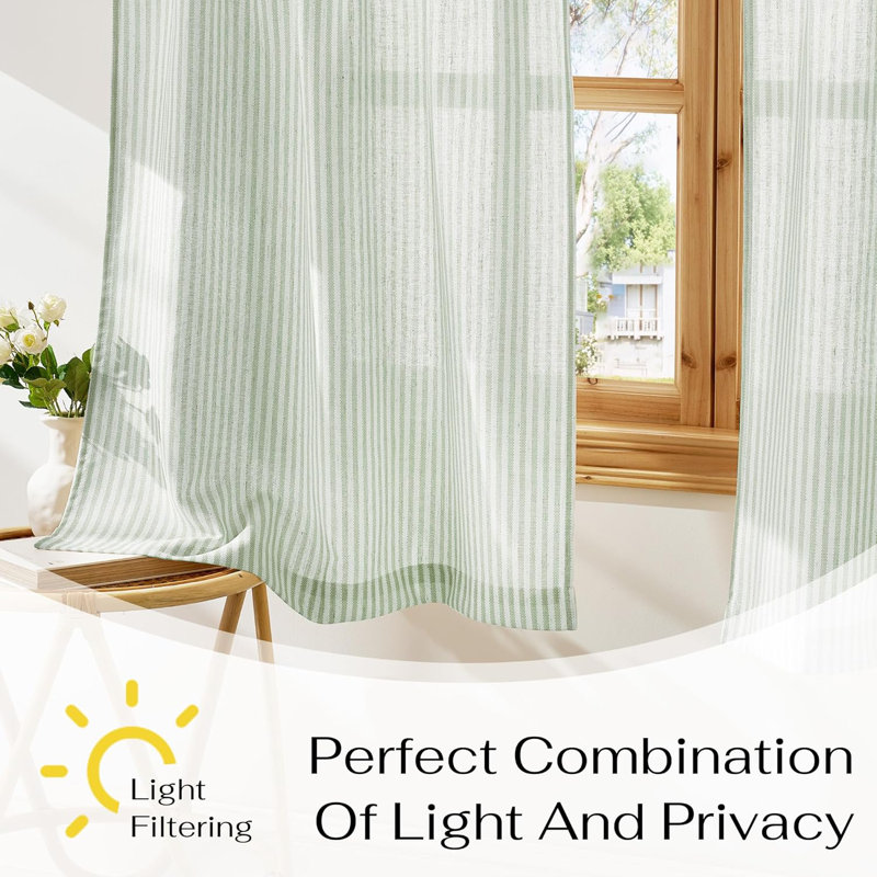  Sheer Linen Kitchen Curtains, Striped Print Farmhouse Decor Cafe Curtains, Boho Drapes with Rod Pocket for Living Room Bathroom, 2 Panels