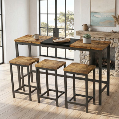 Ensemble de table de salle à manger longue avec 3 tabourets, table de pub moderne avec rangement pratique pour tabourets suspendus, ensemble de table de comptoir de cuisine en noir et naturel