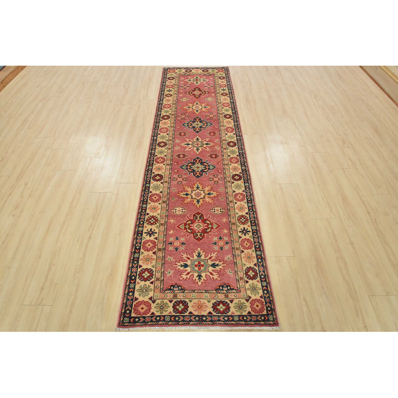 Tapis de style tribal en laine rose noué à la main 2 pi 11 po x 9 pi 10 po Kazak