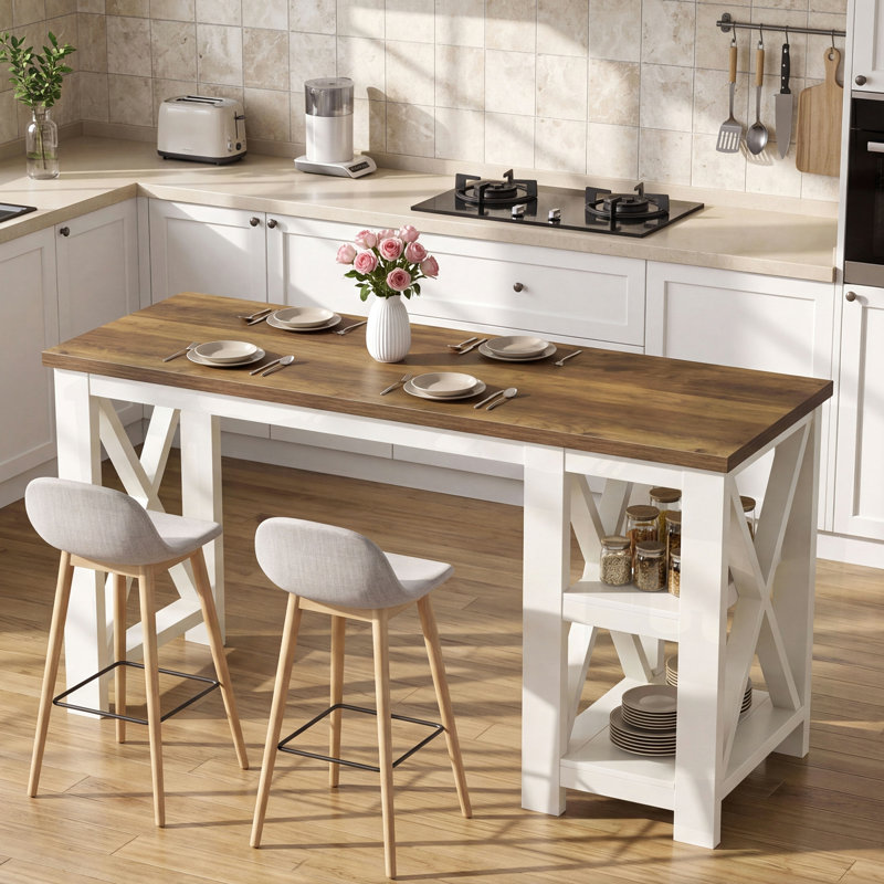 Table de îlot de cuisine de 62 pouces avec tablettes de rangement à 2 niveaux