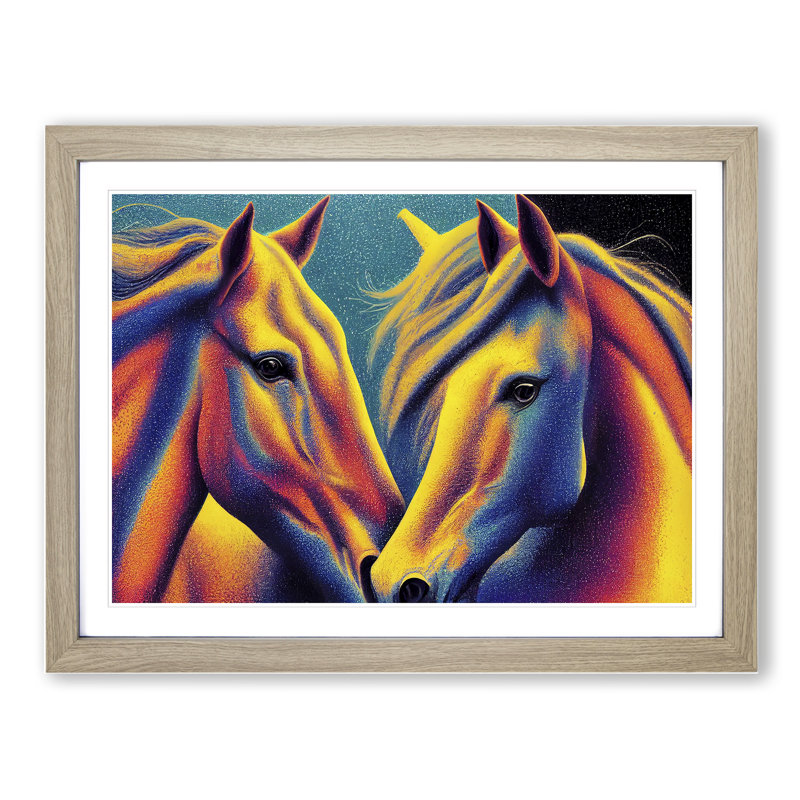 Two Colourful Horses - Framed Print, 25cm H x 34cm W x 2cm D, Oak  Framed