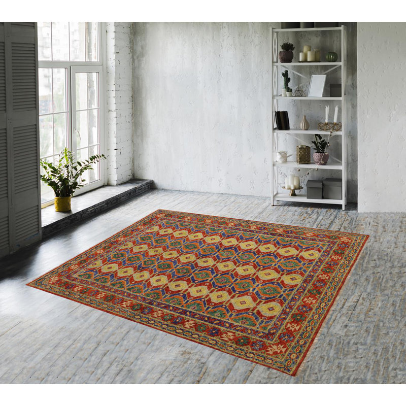 Tapis rouge / orange / vert en laine noué à la main de style sud-ouest Laudalino 5 pi 8 po x 8 pi
