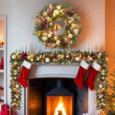 24-Inch Bell & Ball Wreath – Glittery Ornaments, Cones & Metal Bells for Wall or Window