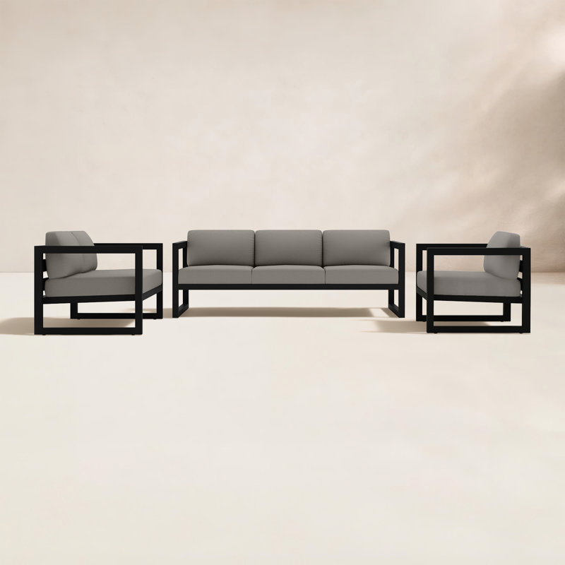 Avion 3 Piece Sofa Loveseat Set, Canvas Charcoal Sunbrella® Canvas, Black