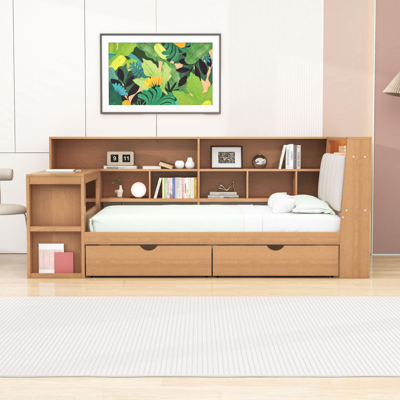 Lit de jour en bois à deux tiroirs avec lumière RVB, tablettes et bureau, Lit simple, Naturel