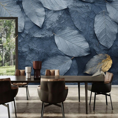 Dark Navy Blue Leaf Close-Up Textured Wall Mural Gold Accent Botanical Panoramic Large Format Dramatic Accent Wall Art