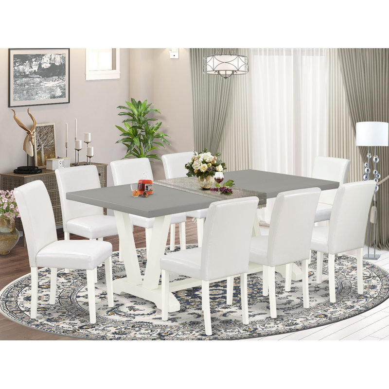 7-Piece Set Includes a Cement Rectangular Table and 6 White PU Leather Padded Chairs - Wire Brushed Linen White, White