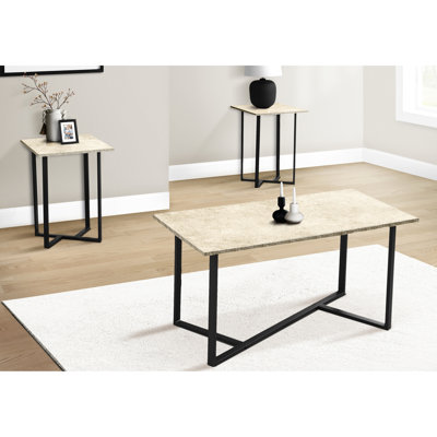 Élégante table 3 pièces avec finition stratifiée en pierre crème, structure en métal noir, tables basses et de bout rectangulaires, métal de style salon, décor assorti