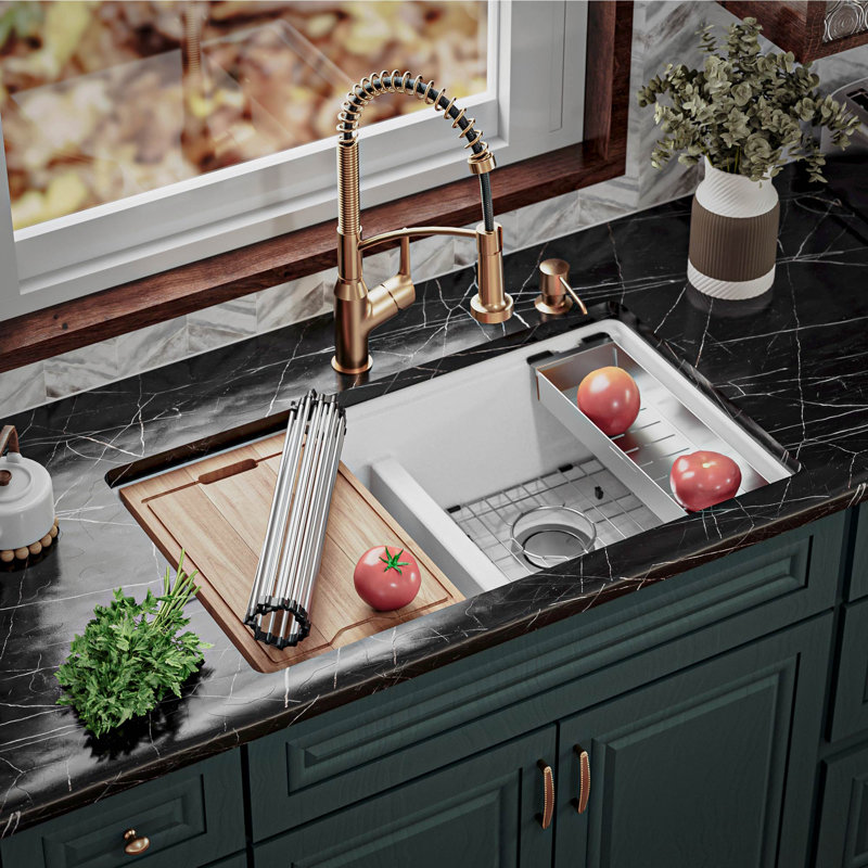 Quartz Undermount Sinks 32.5'' L Double Bowl Kitchen Sink, White