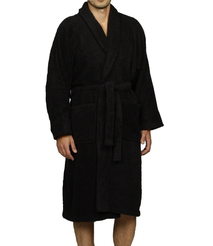 Peignoir mi-mollet en ratine 100 % coton avec poches Finnian, Noir, TG