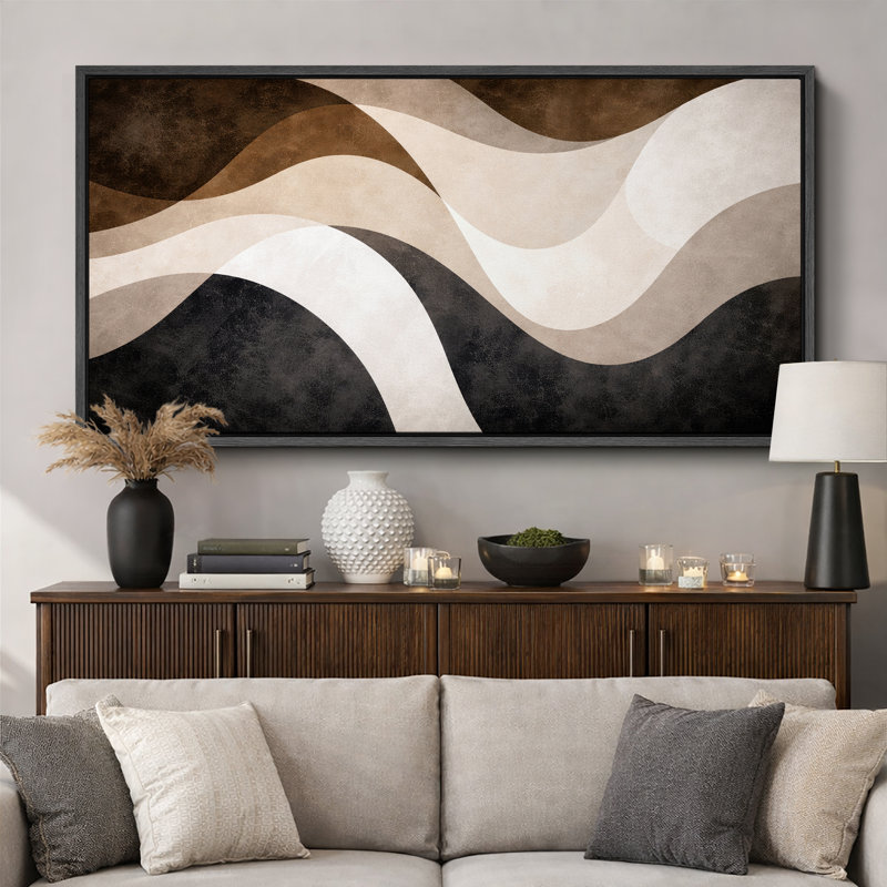 Abstrait brun beige, motif de vagues fluides, images de salon moderne, impression sur toile encadrée, Cadre noir