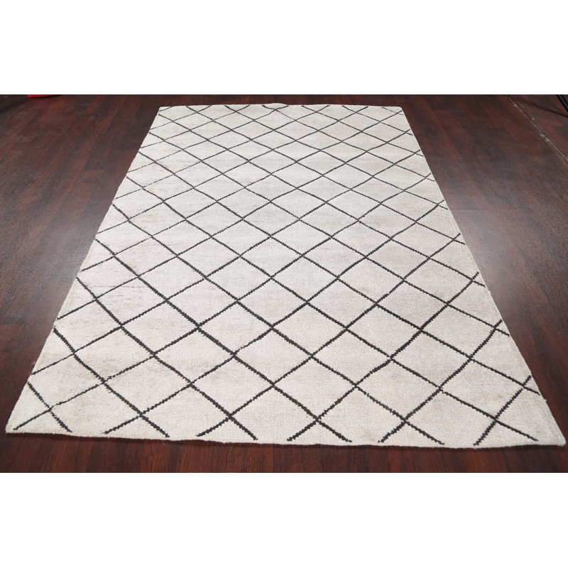 Tapis décoratif en laine noué à la main de conception unique 5 pi 1 po x 6 pi 11 po New Age Ivoire