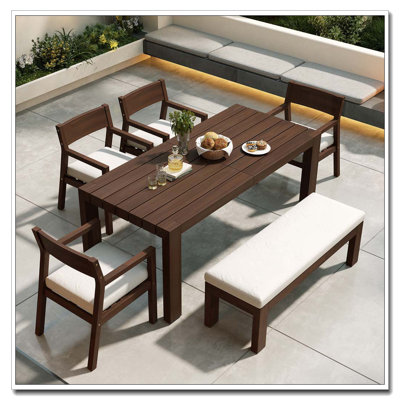 6-Piece Outdoor Acacia Wood Dining Set with Bench and Umbrella Hole (Mocha)