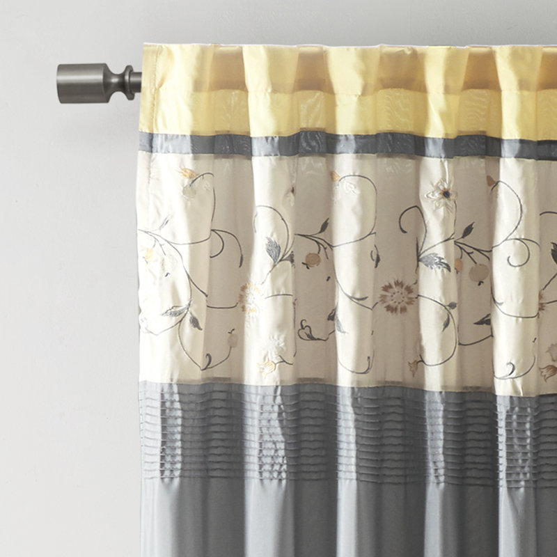 Blue Embroidered Light-Filtering Pleated Curtain Panel