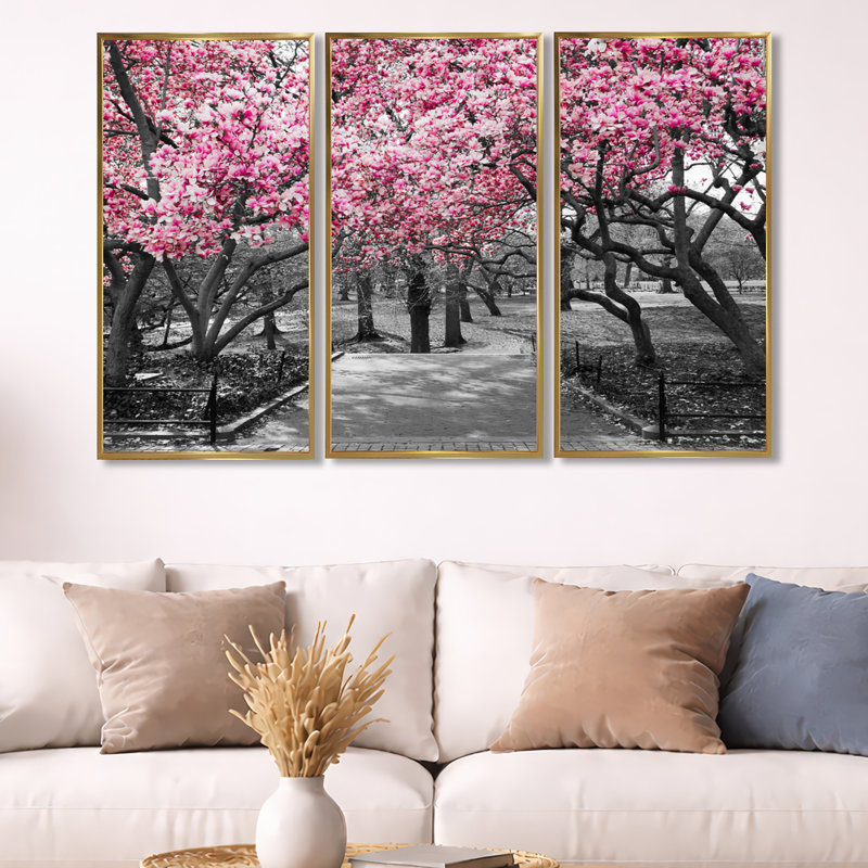Fleurs de cerisier - ensemble de 3 reproductions d'art encadrées sur toile, H 32 po x l 48 po, Or