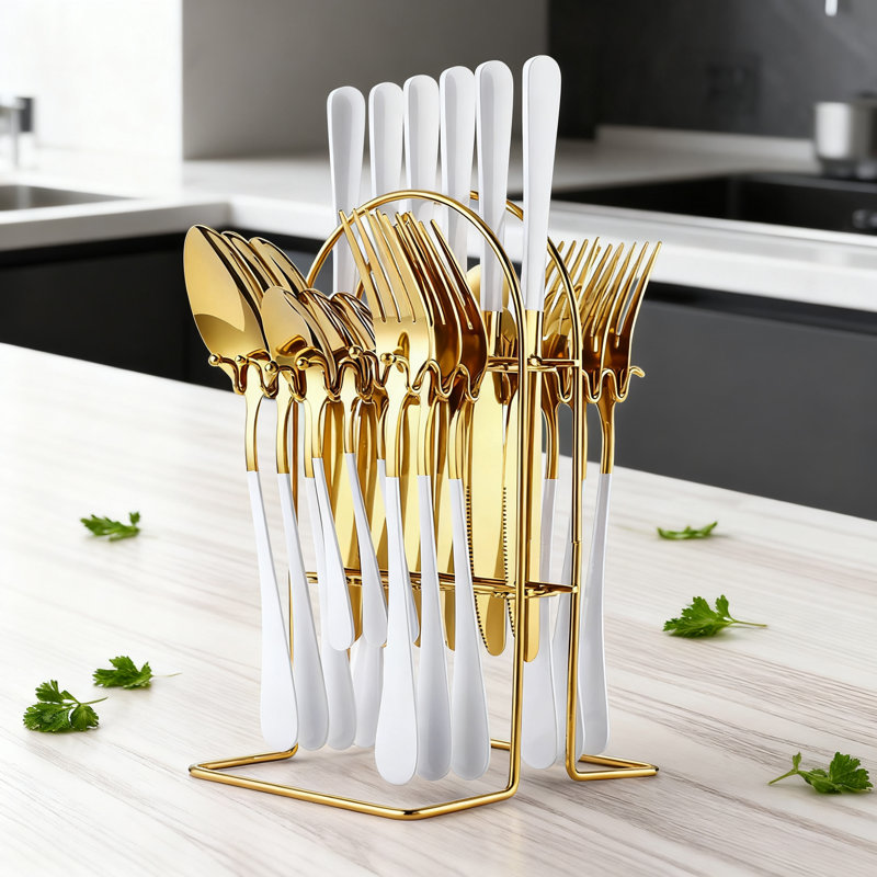Ensemble de couverts 24 pièces pour 6 personnes en acier inoxydable avec porte-couverts, ensemble de couverts en poli miroir doré et peint mat, ensemble d'ustensiles durables avec cuillères, couteaux et fourchettes