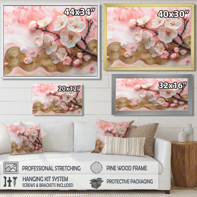 Fleur de pommier Cusick sur un dessus de rivière d'encre rose et blanche I - Art mural de fleur de pommier pour le salon