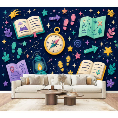 Peel and Stick Papier peint Boussole Carte Avent empreintes de pas Lanterne colorée Murales de style argile H 69 po x l 96 po amovible Papier mural en PVC auto-adhésif Décoration murale pour chambre à coucher Bureau à domicile