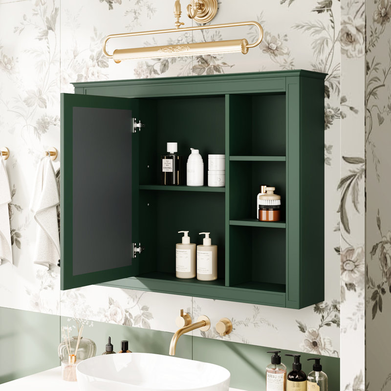 Bathroom Mirror Cabinet Wall Mounted - 35'' X 27.5'' With Ample Shelf Space Modern Concealed Door, Green