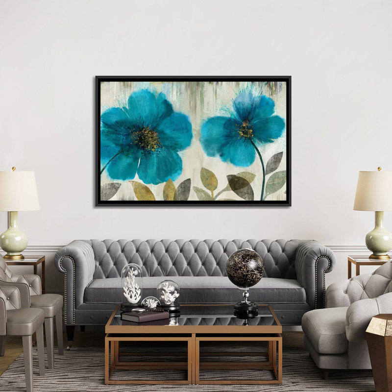 «Teal Flowers», reproduction sur toile, H 18 po x l 26 po x P 1,5 po, Toile avec cadre noir, Pas de tapis