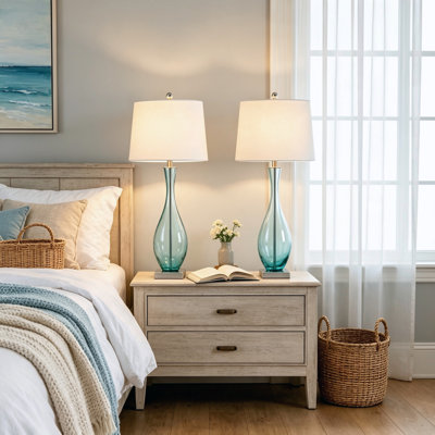 30.5" Modern Blue Hand‑Blown Glass Table Lamps Set of 2, 3‑Way Dimmable with Built‑in USB Charging Port Bedside Nightstand Lamp for Bedroom Living Room Guest Room Study