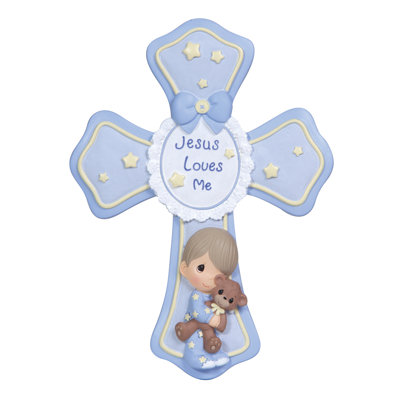 Precious Moments Jesus Loves Me Boy Holding a Teddy Cross Figurine 7.28 Inch