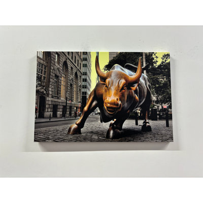 Charging Bull And Buffalo Art On Canvas Featuring A Stunning New York Landscape With Bronze Bull Art Print For Modern Home Decor
