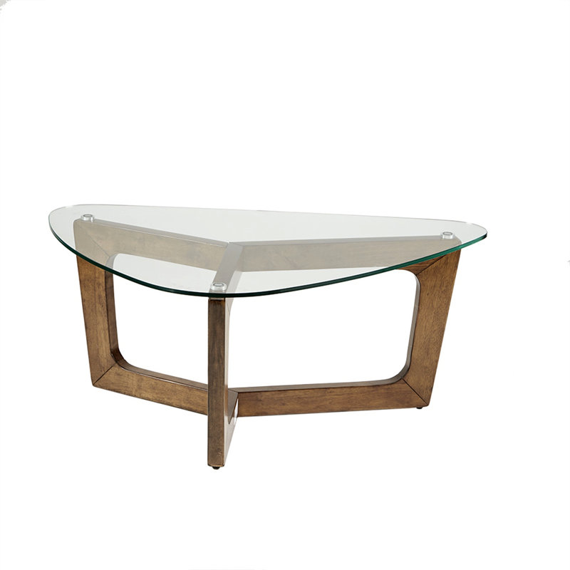 Triangular Pecan Wood Coffee Table with Glass Top