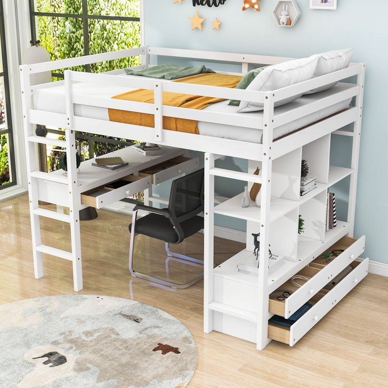 Funda Full Size Loft Bed with Built-in-Desk and 6 Drawers by Harriet Bee, White