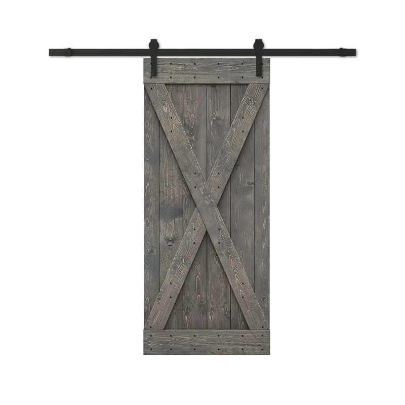 Porte de grange à panneaux et en bois avec quincaillerie d'installation, 22 po x 84 po, Gris patiné, Noir mat