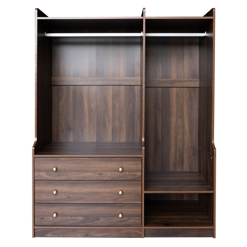 Commode brune, garde-robe ouverte avec rangement