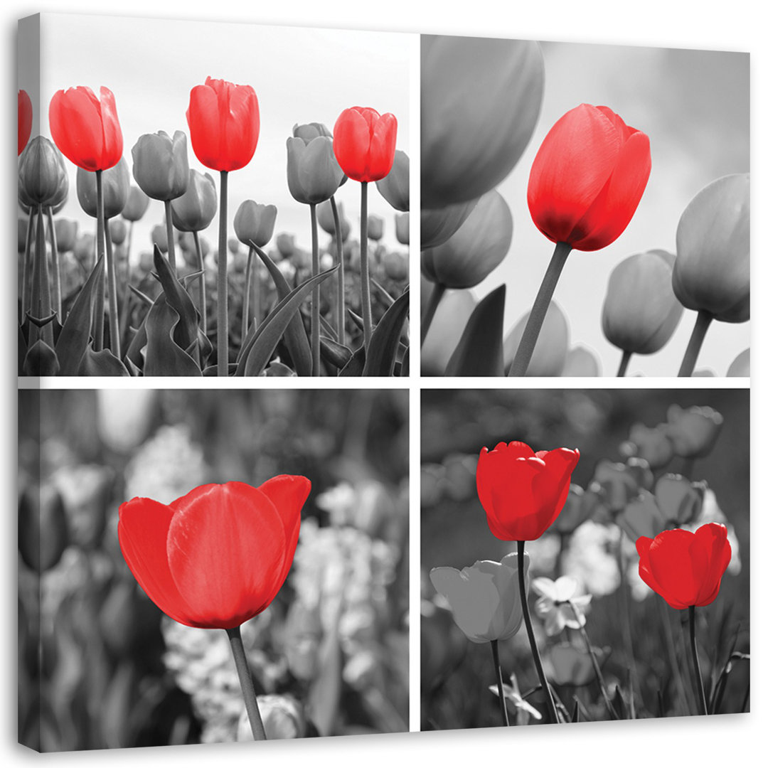 Leinwandbild Set aus roten Tulpen in Grau