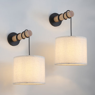 Mckella Modern Vintage Wall Sconces With Oak Wood And Fabric Linen Lampshades (Set of 2)