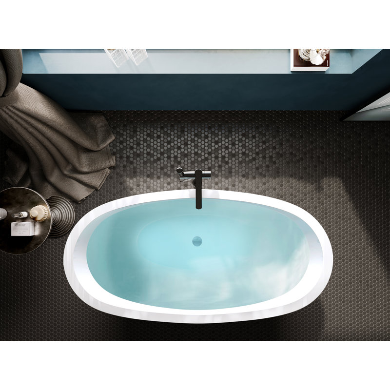 Naha 59" White Acrylic Freestanding Soaking Bathtub with Brushed Nickel Drain