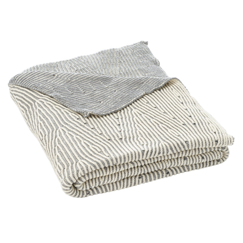 Grey and White Knitted Cotton Chevron Throw Blanket
