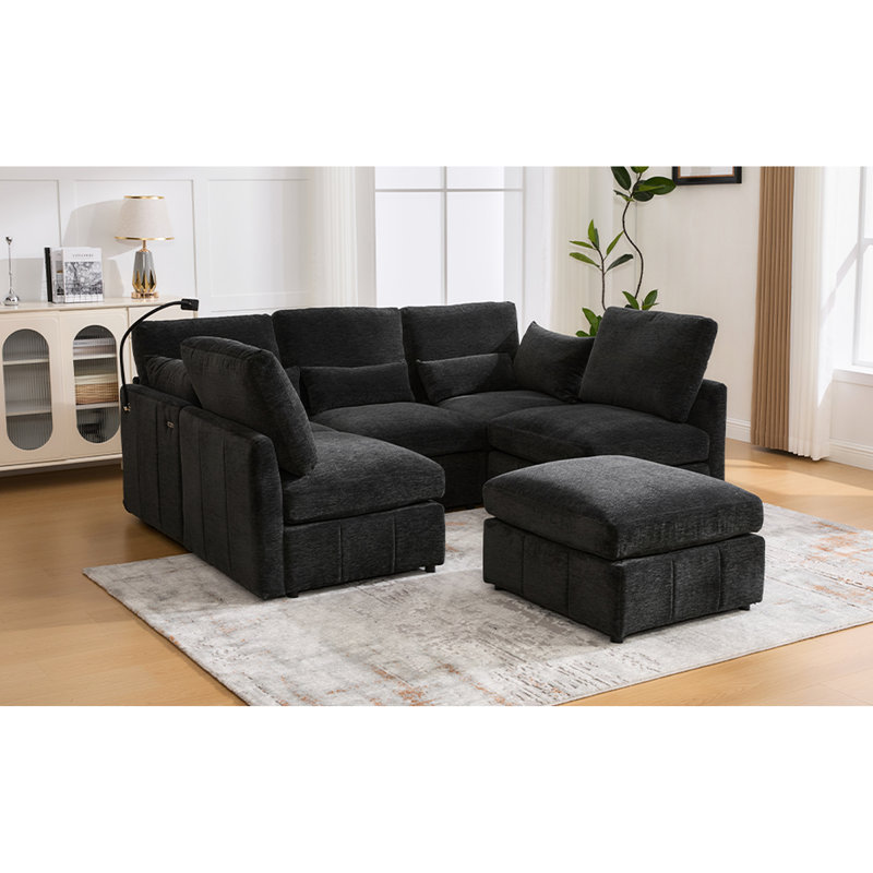 Black Chenille 85.4" Sectional With Movable , Two Charging Ports, Phone Holder, And Soft Seating Experience Multi - Functional L Shaped Modular Built In Comfortable Lumbar Support Material