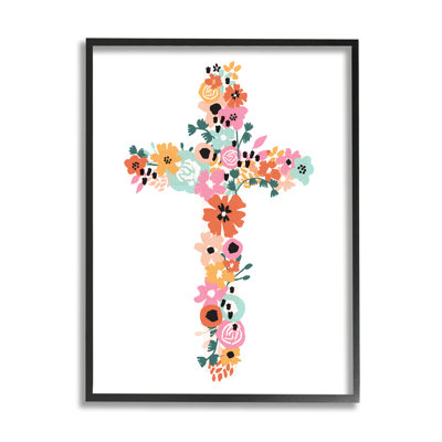 «Bold Flowers Cross Symbole Floral Arrangement», impression sur cadre en bois aggloméré