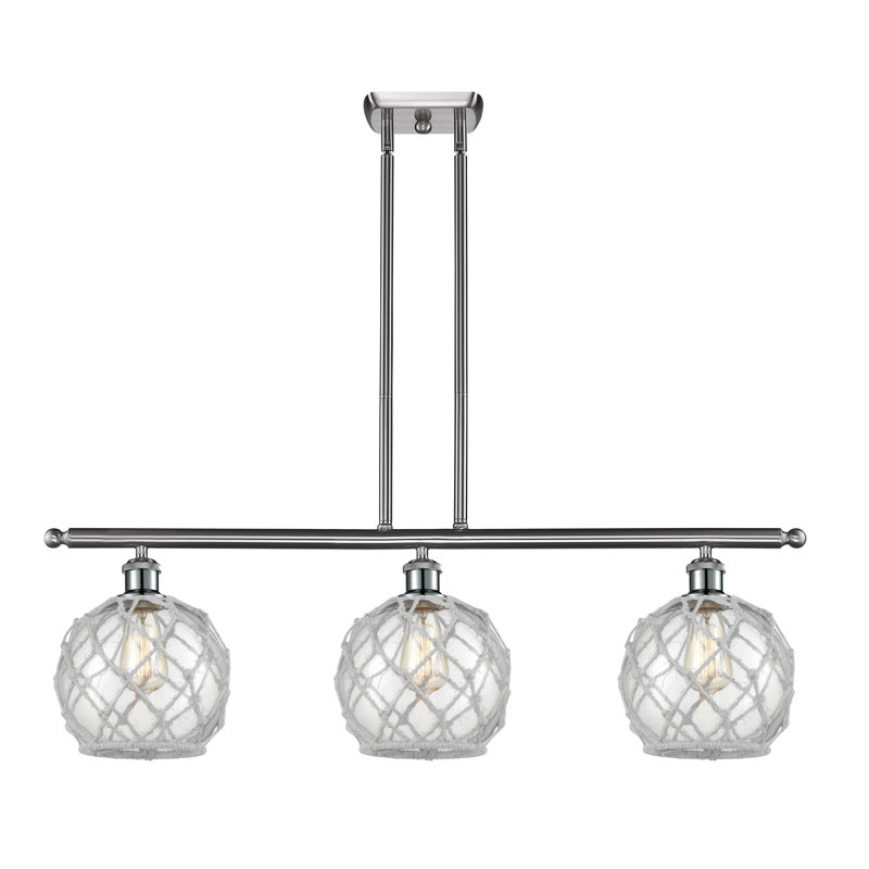 Luminaire suspendu linéaire à 3 lumières pour îlot de cuisine Hildebrandt Farmhouse, Transparent avec cordon blanc